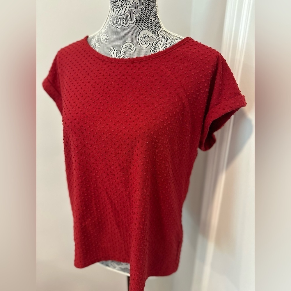 Rose & Olive Women’s Sz: L Red Cap Sleeve 3D Polka Dot Zip Back Loose Fit Top.